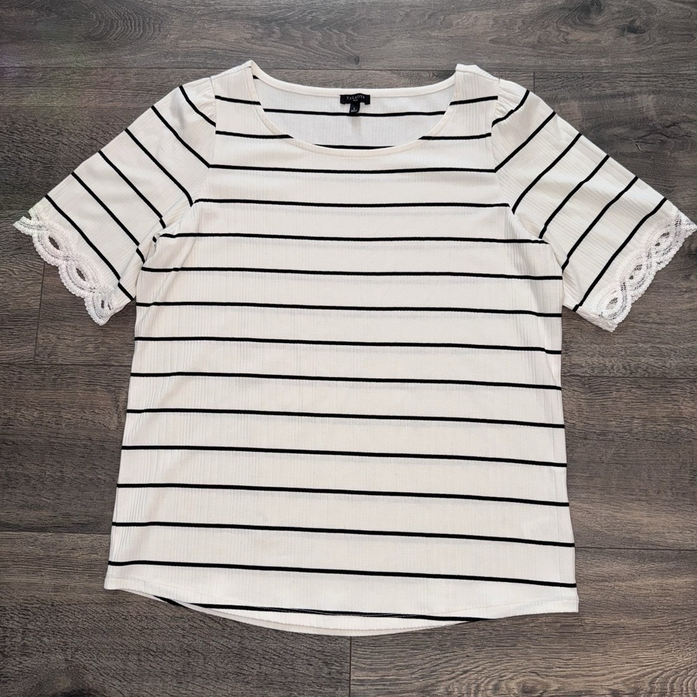 Talbots Women's Crochet Lace Top Cream Black Striped Peasant Boho XL Chic